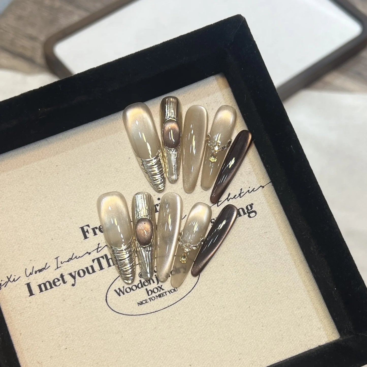 Punk Press On Nails Long Oval Cat Eye French Tips – 10pcs