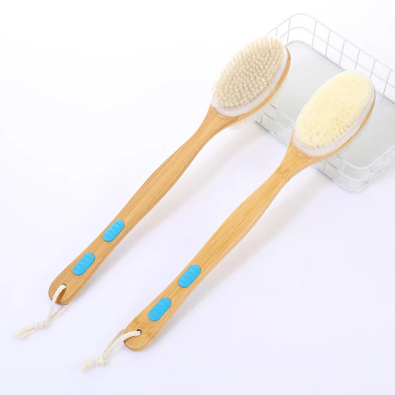 Shower brush with soft and hard bristles, double sided long handle, back scrub body exfoliator, suitable for both wet and dry us Peaceful Pleasures Health and Wellness blue