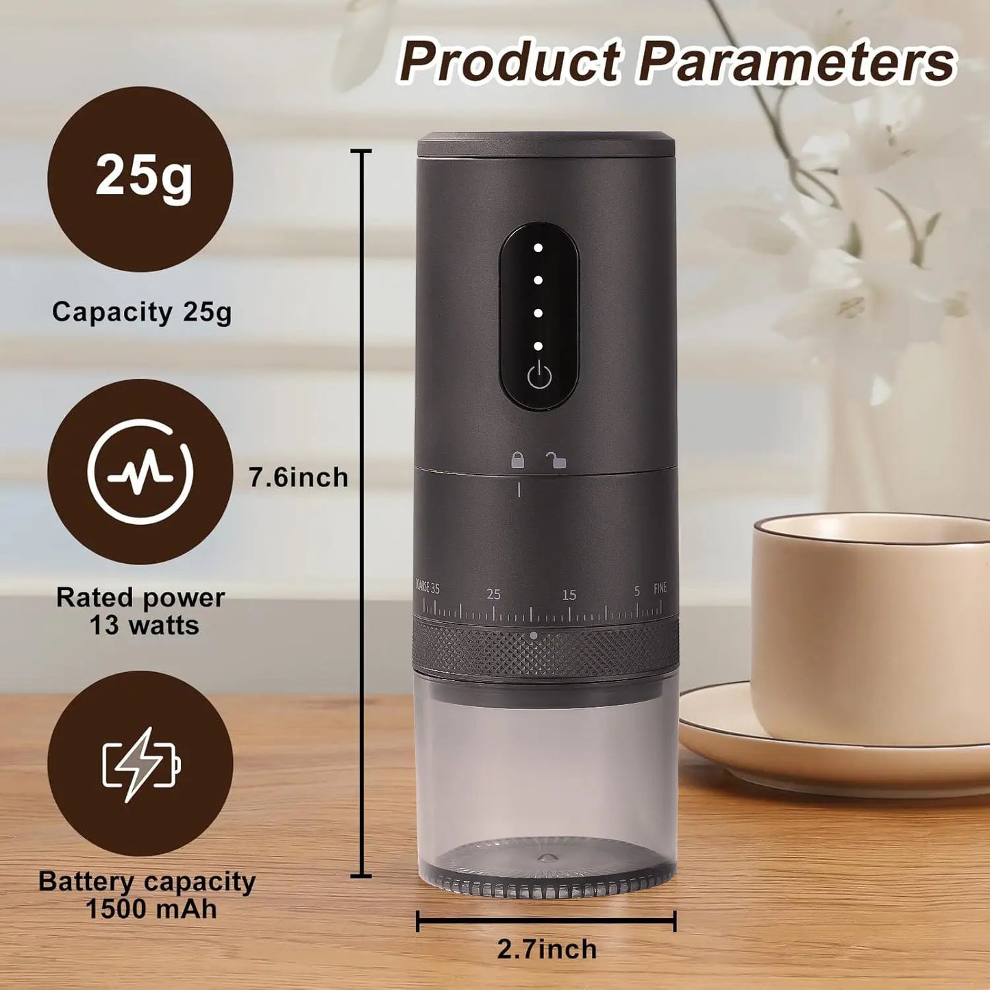 URGGU USB Coffee Bean Grinder – 38 Gears, 2000mAh Portable