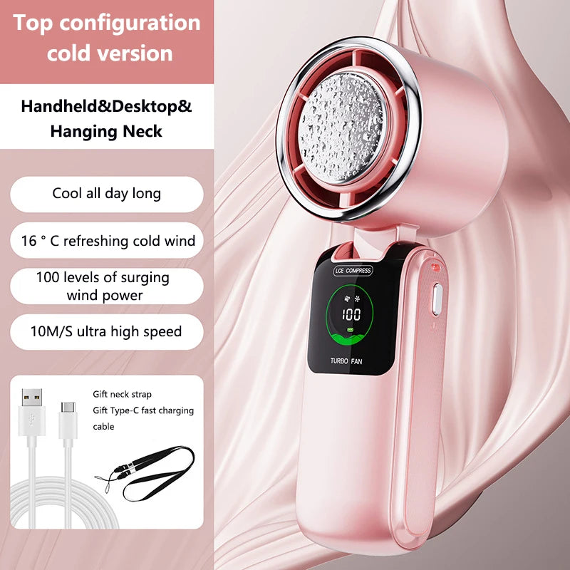 Portable Air Cooling Turbos Handheld Fan 100-Speed Adjustable Refrigeration Cooler 4000mAh LED Display USB Rechargeable Peaceful Pleasures Health and Wellness Pink