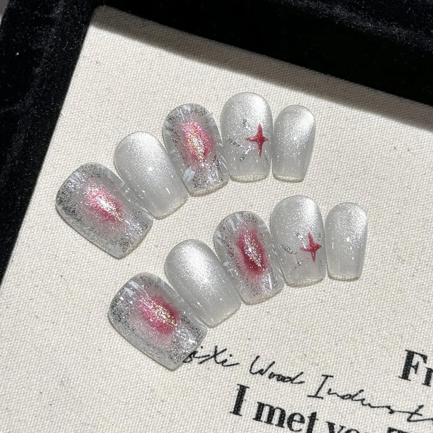 Handmade Press-On Nails Blue Coconut Tree Cat Eye Design