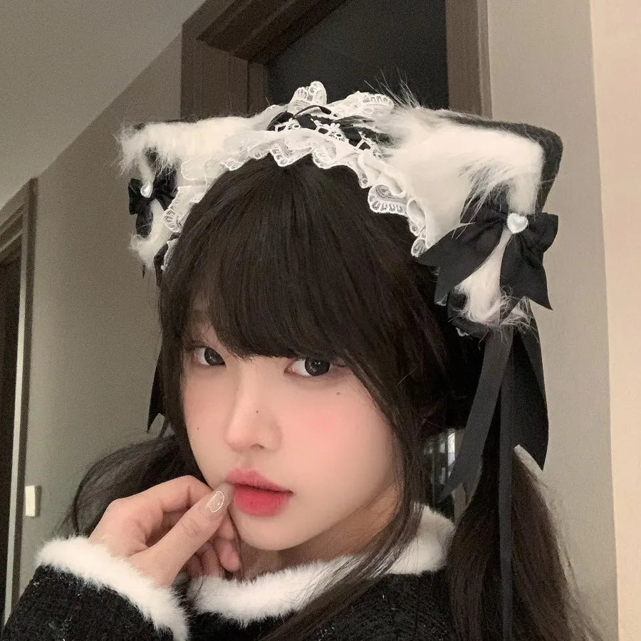Fashionable Cute and Versatile Sweet Lolita Cat Ear Headband Bow Hair Clip KC Headband Animal Ear Headband Lolita Ear Hair Clip Peaceful Pleasures Health and Wellness black