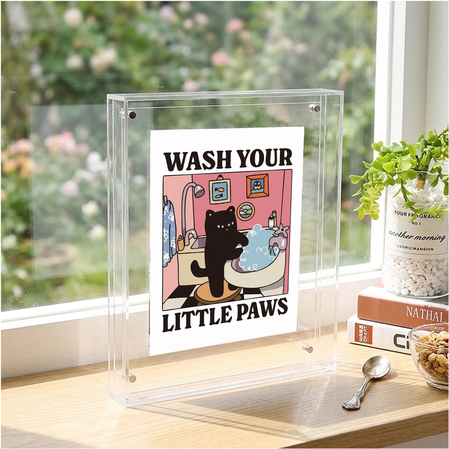 Black Cat Wash Hands Acrylic Picture Frame | Wall Decor