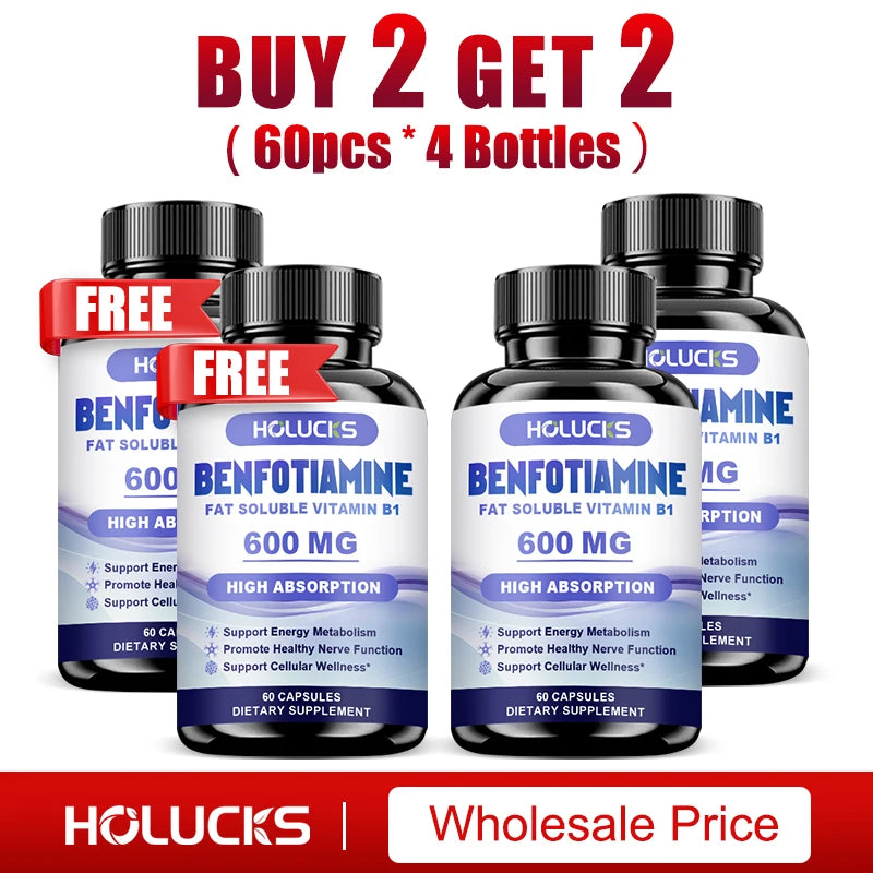 HOLUCKS Benfotiamine 600mg – Nerve & Energy Support Capsules Vitamin B1 Supplement Peaceful Pleasures Health and Wellness 4 Bottles-60pcs