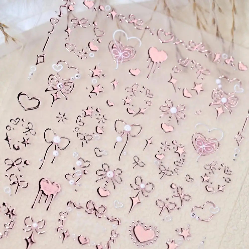 Heart Bow Nail Stickers – Gold Foil Rose Embossed DIY Nail Art