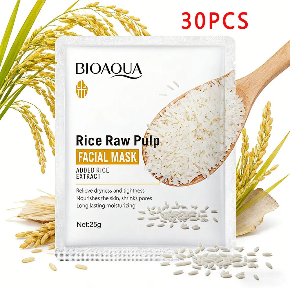 BIOAQUA Rice Raw Pulp Facial Masks Skincare Moisturizing Firming Hydrating Face Mask Sheets Mask Korean Skin Care Peaceful Pleasures Health and Wellness 30pcs