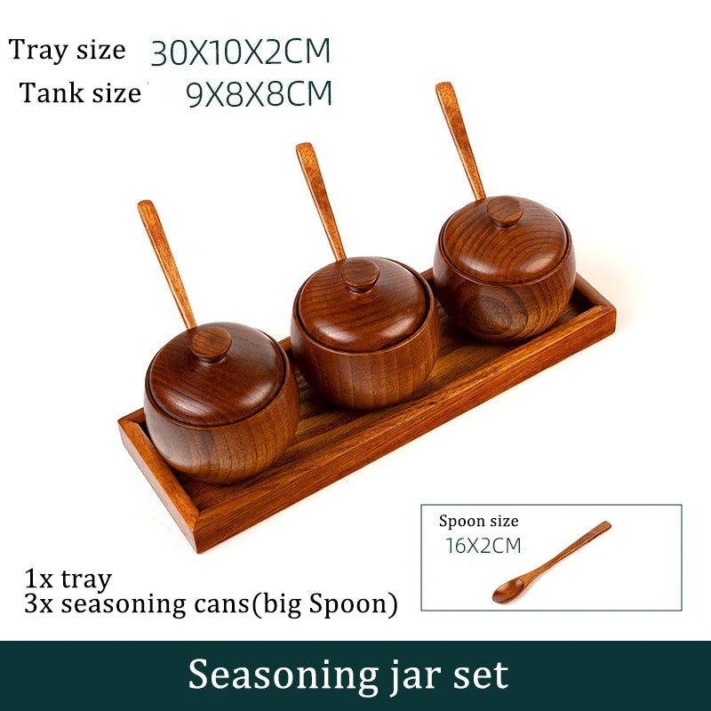 Wooden Seasoning Jar Creative Kitchen Retro Salt Sugar Pot Seasoning Storage Jar With Lid Spoon Wooden Tray Storage Containers Peaceful Pleasures Health and Wellness 4pc big tray set