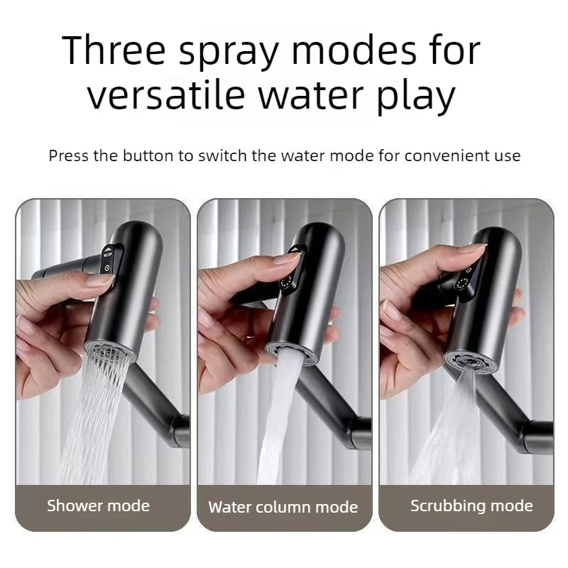 Tubeless Multi-function Digital Display Pull Stainless Steel Faucet Universal Rotation Adjustable 3 Gear Hot Cold Water Faucet Peaceful Pleasures Health and Wellness