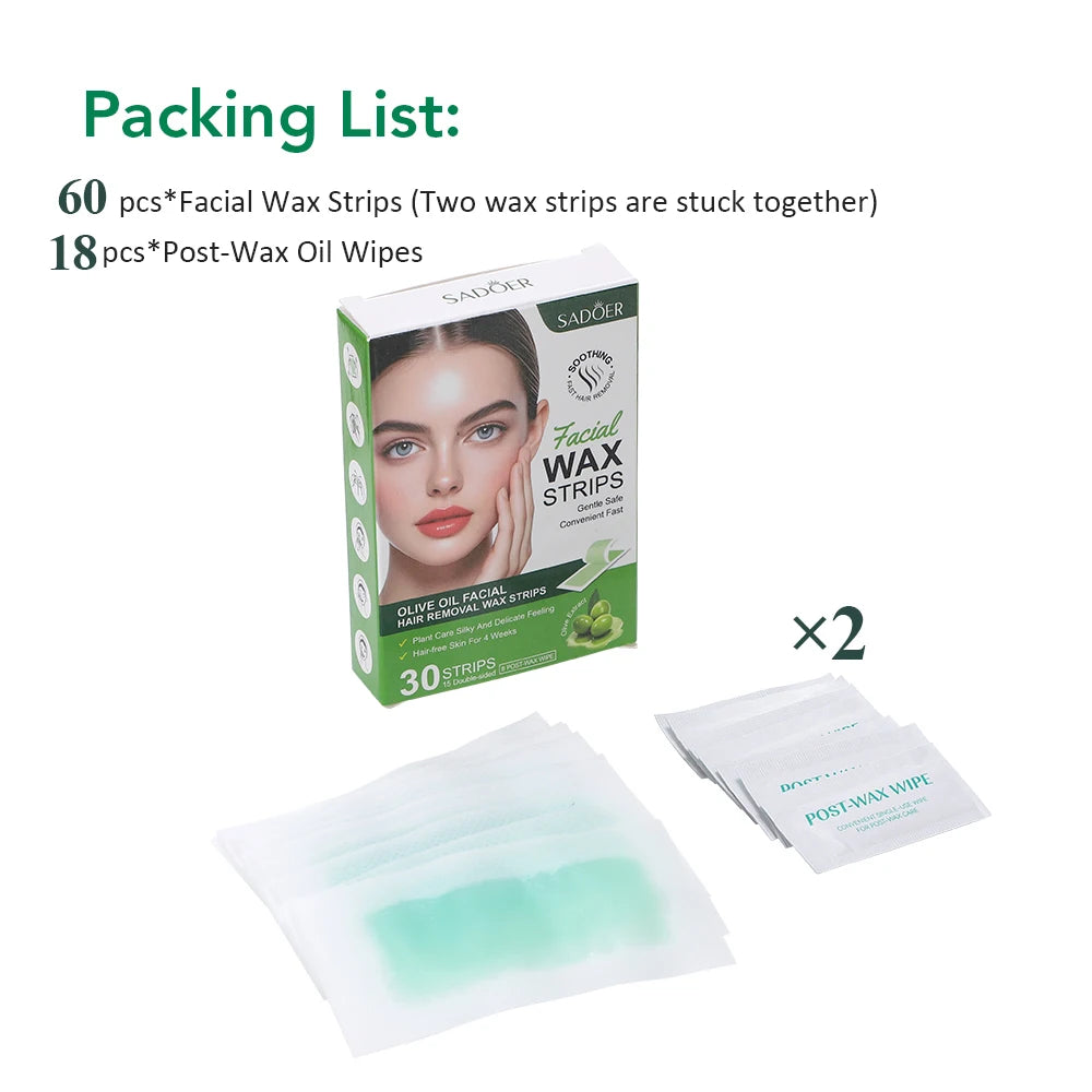 Facial Depilatory Wax Strips 30Pcs Facial Wax Strips+8 Calming Oil Wipes Hypoallergenic Eyebrow Upper Lip Hair Removal Wax Paper Peaceful Pleasures Health and Wellness 60pcs