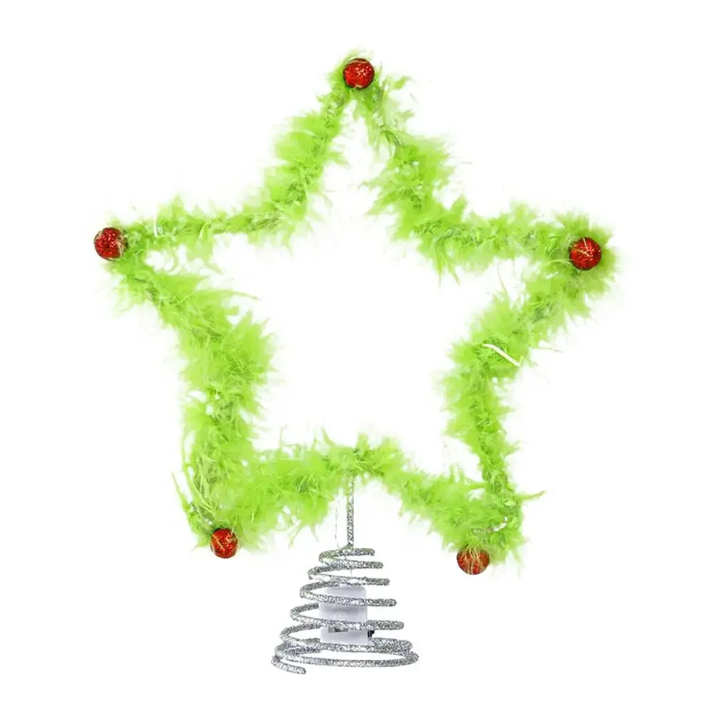 Christmas Fuzzy Grinch Star Tree Topper Iron Green Plush Holiday Festive Creative Home Party Decor Ornament Peaceful Pleasures Health and Wellness without light