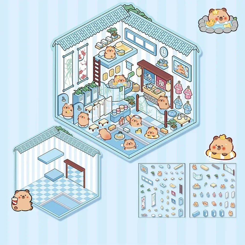 3D Cartoon Cabin DIY Scene Stacking Stickers – Reusable Set
