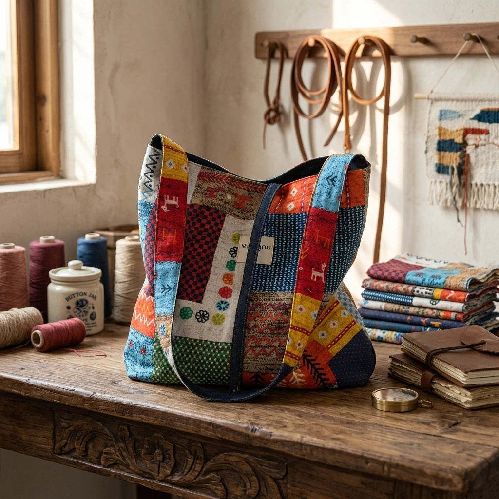 Double-Sided Bohemian Denim Canvas Tote Bag Vintage Contrast Color Commuter Handbag For Women Peaceful Pleasures Health and Wellness