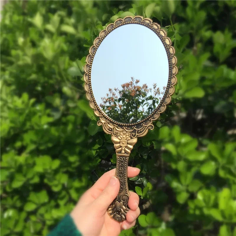 2pcs Ladies Makeup Hand Hold Mirror, Oval Round, Floral, Vintage, Princess Lady Beauty Dresser Gift Peaceful Pleasures Health and Wellness Orange