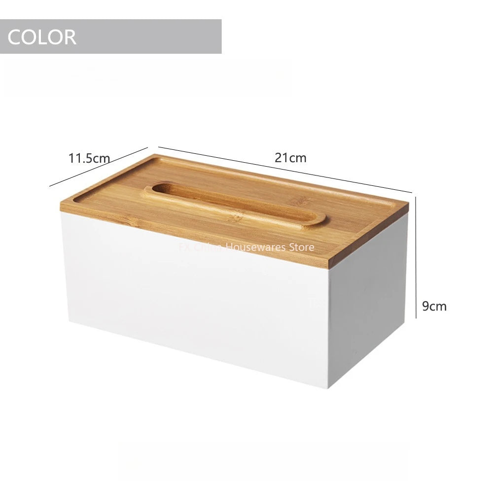 Japanese Style Bamboo Lid Tissue Box Holder - Plastic Desktop Organizer for Living Room, Bathroom, Office, Kitchen Storage Peaceful Pleasures Health and Wellness White