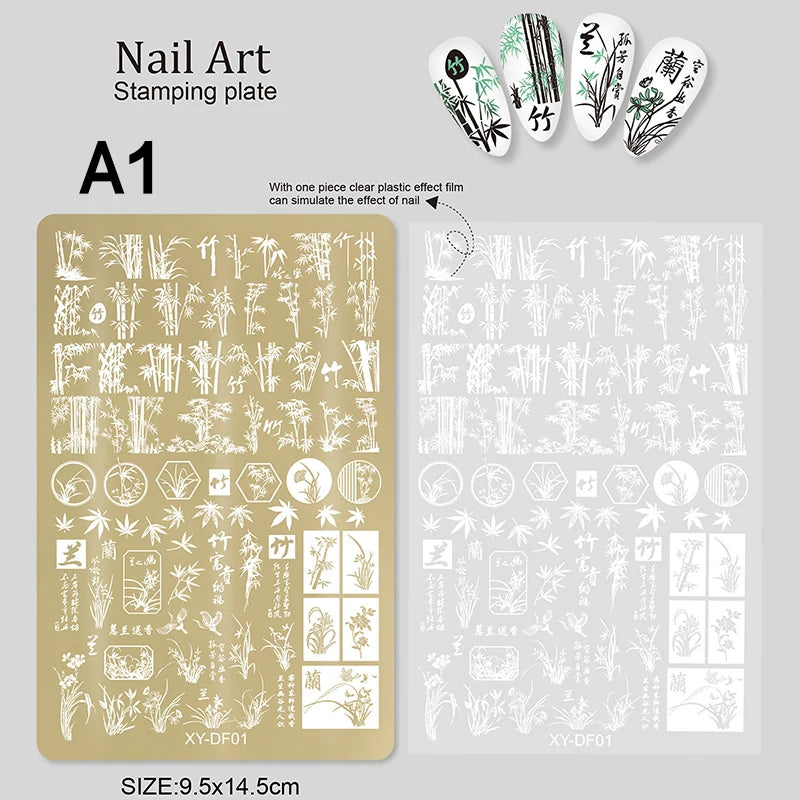 Large Gold Nail Stamping Plates Butterfly Flower Bamboo Forest Pattern Stainless Steel Stencil Nail Art Stamps Template Peaceful Pleasures Health and Wellness A1