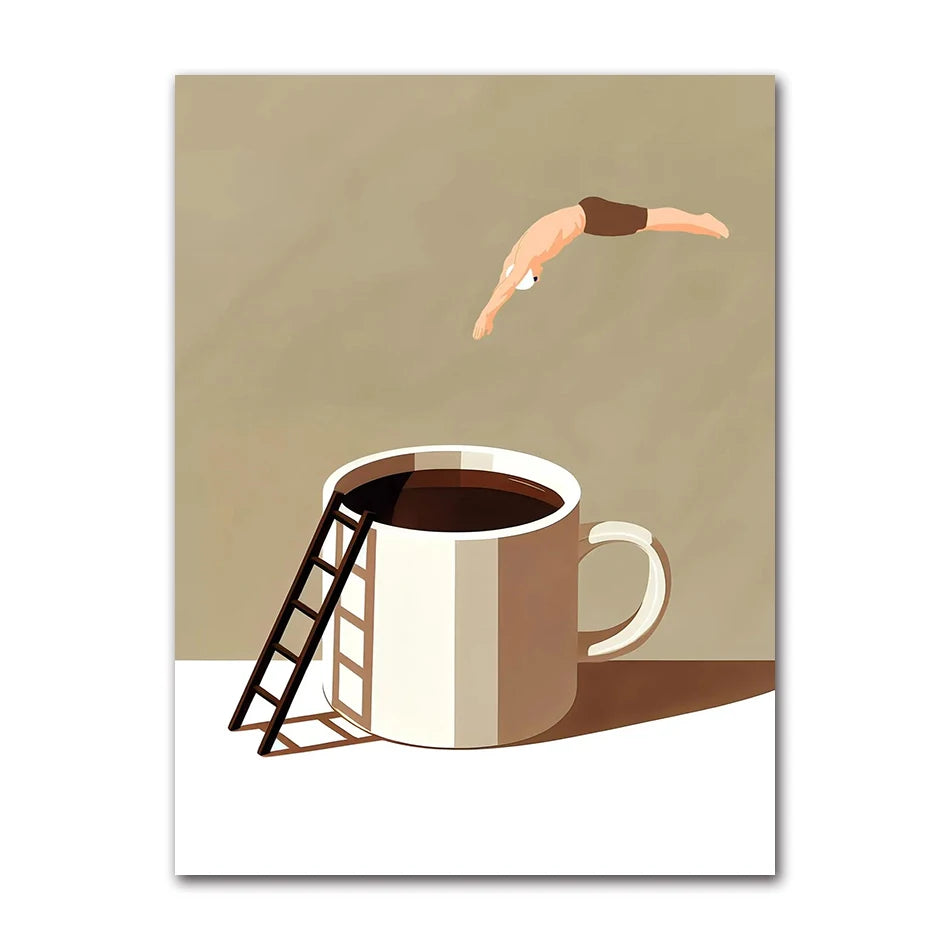 Good Morning Coffee Diver Poster Retro Funny Minimalist Food Espresso Lover Canvas Painting Wall Art Home Room Decor Peaceful Pleasures Health and Wellness 61731-04 50x70cm Unframed