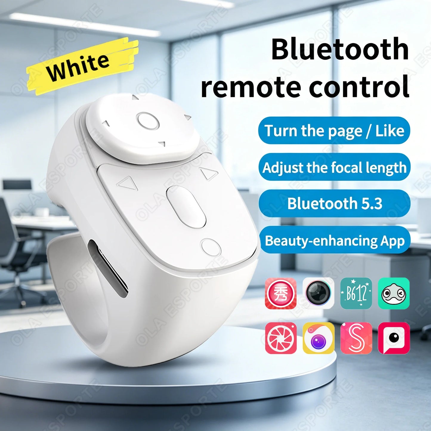 Cell Phone Scrolling Ring Wireless Finger Shutter Remote Control Page Turner Mobile Phone Controller BT For Travel Peaceful Pleasures Health and Wellness White