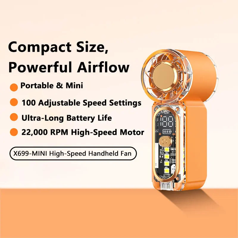 High Speed Small Fan USB Rechargeable Portable Handheld Strong Wind Pocket Fan Violent Air Cannon High Speed Turbo Fan Peaceful Pleasures Health and Wellness Orange