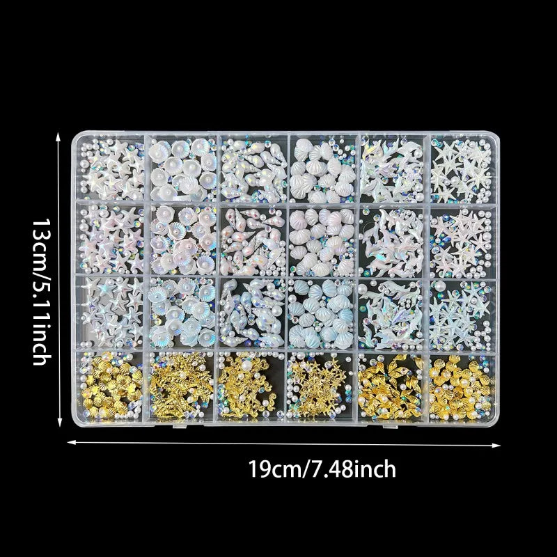 24-Grid Ocean Nail Charms Set – Shell, Starfish & Rhinestones