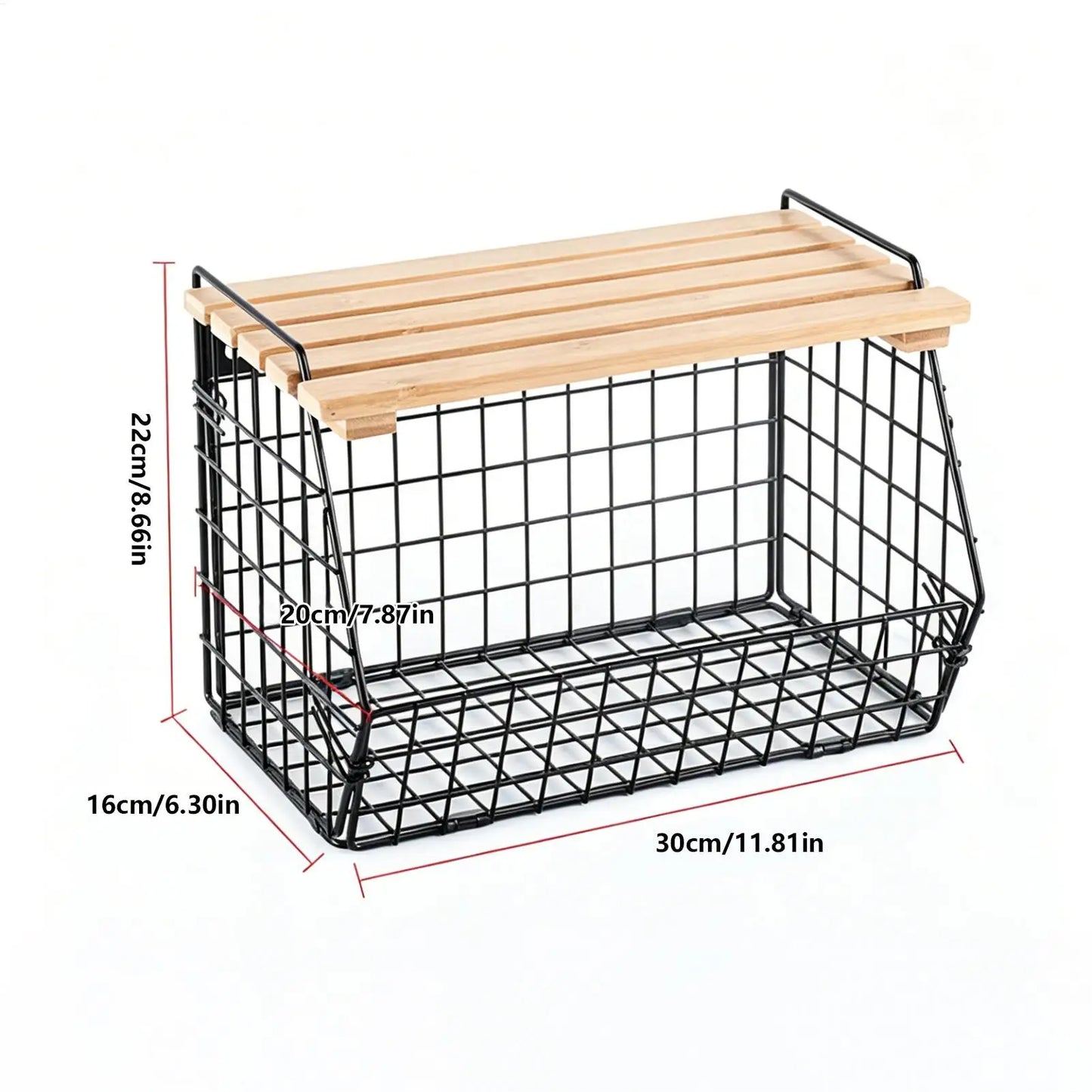 Stackable Wall-Mounted Wire Basket with Wood Lid | Kitchen Organizer Wire Storage Basket Peaceful Pleasures Health and Wellness