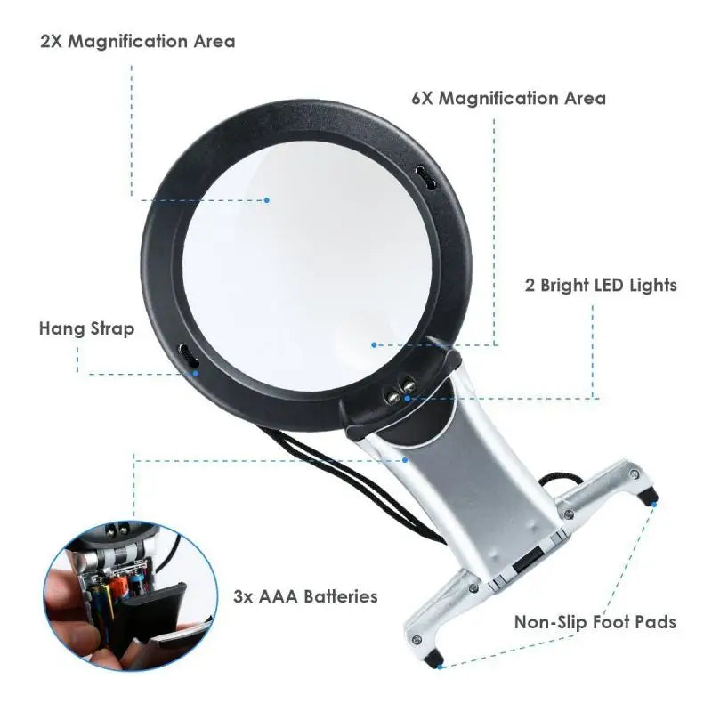 2.5X 6X New Neck Handheld Desktop Large Lens Magnifier with 2 Led Lights Portable Hd Magnifier Elderly Reading Jewellery Peaceful Pleasures Health and Wellness