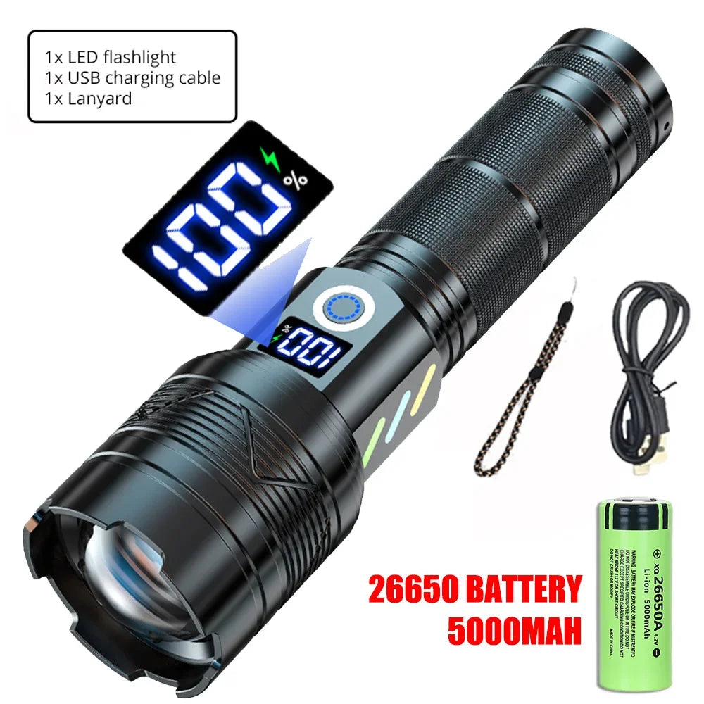 Super Bright LED Flashlight | Zoom, USB-C, Power Bank, Display