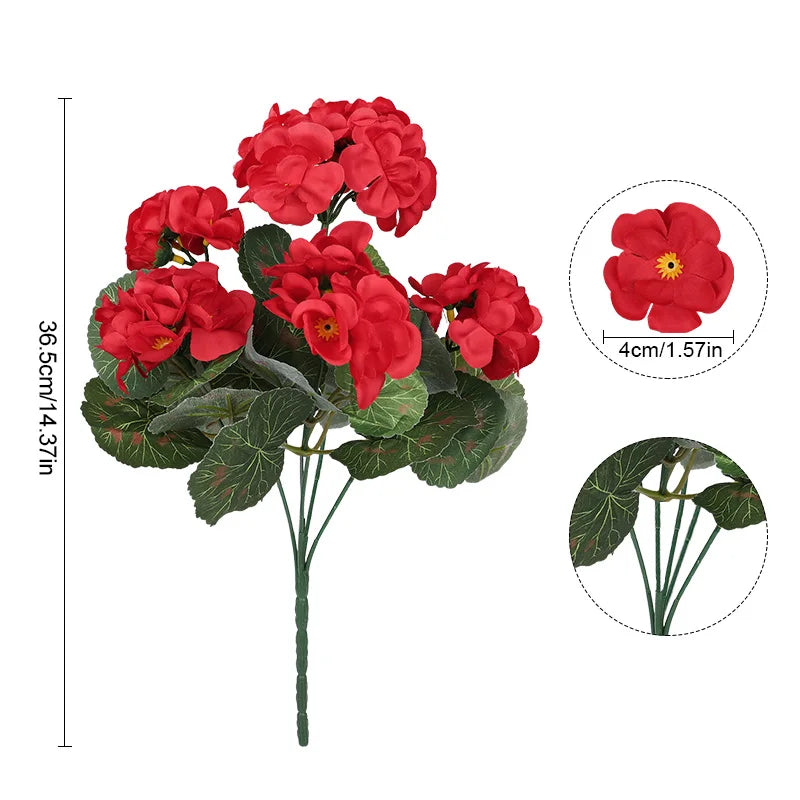 2Pcs Artificial Silk Geranium Flowers | Red Fake Plants for Home