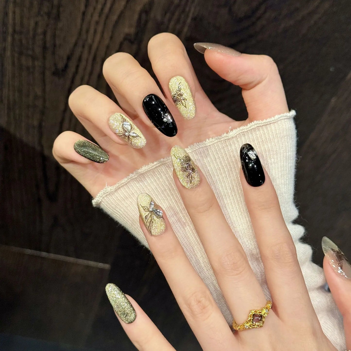 10pcs Handmade Gold Cat Eye Press on Nails Glitter Black Rose Butterfly Design Fake Nails Wearable Ins almond False Nail Tips Peaceful Pleasures Health and Wellness XS 1