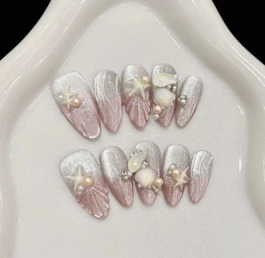 10pcs Handmade Long Oval Press on Nails Gradient Pink Cat Eye Fake Nails Wearable Detachable Ocean Shell Pearl Decor False Nails Peaceful Pleasures Health and Wellness L 2
