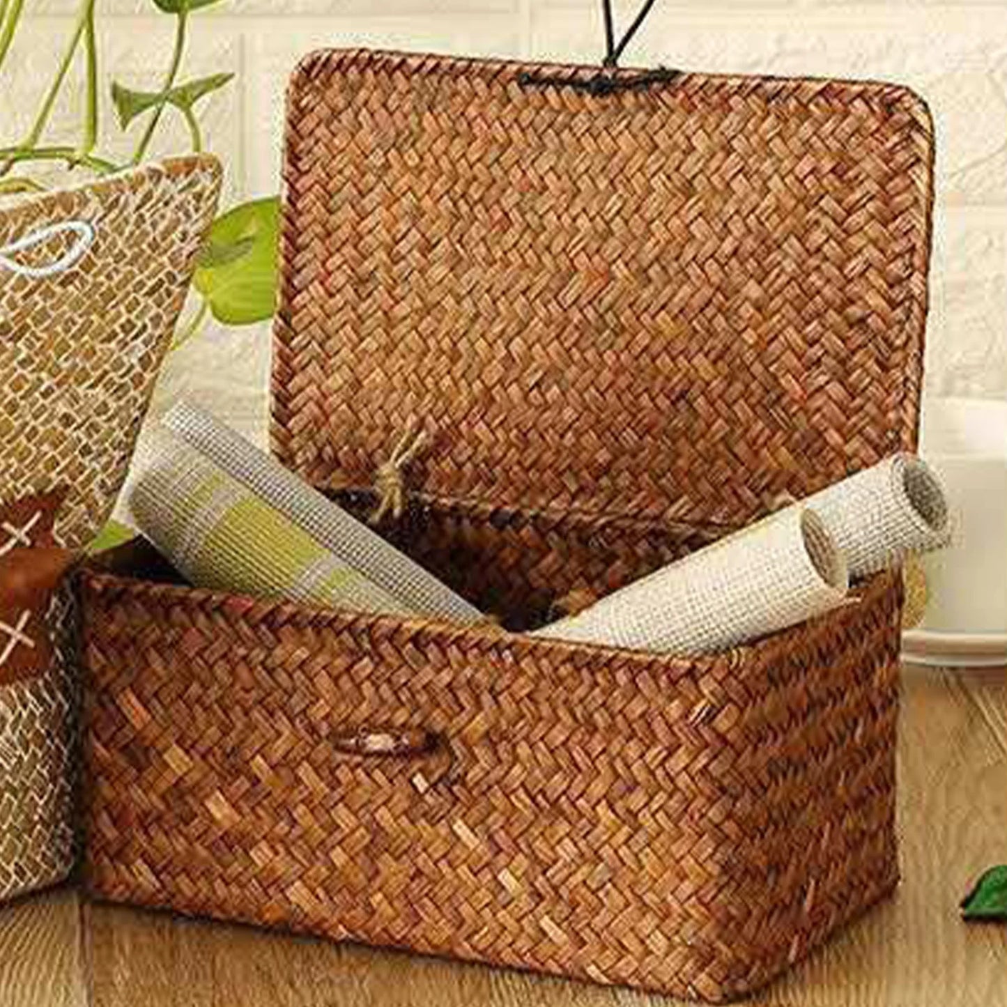 Traditional Braided Straw Box with Lid Rectangular Natural Rattan Organizer for Trinkets Cosmetics or Crafts Peaceful Pleasures Health and Wellness