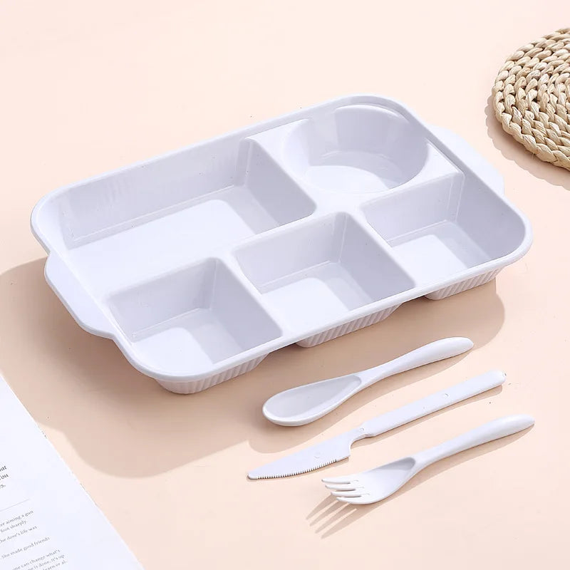 Portable 5 grids Meal Box Food Grade PP Rectangular Divided Lunchbox Separating Plates with knife fork spoon Dinnerware Set Peaceful Pleasures Health and Wellness white