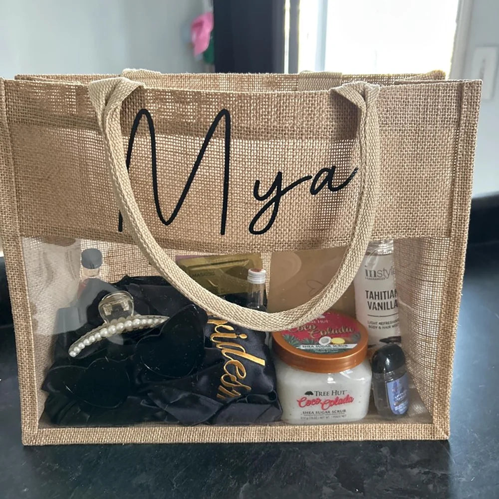Custom Bridesmaid Beach Bag | Burlap & PVC Tote Wedding Gift