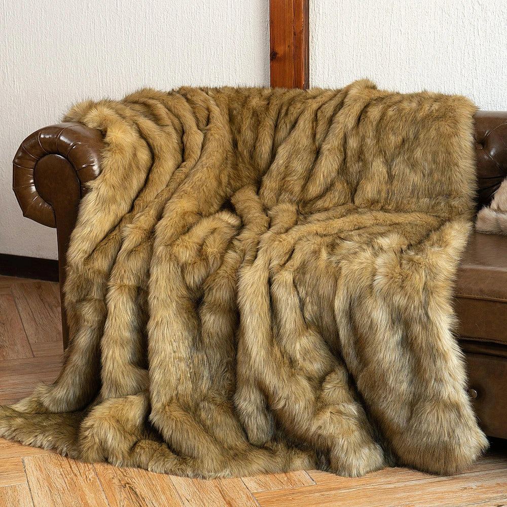 Battilo Faux Fur Blanket Plaid Throw for Sofa Luxury Fox Fur Throw Blanket Winter Warm Fluffy Soft Blankets Bedspread on the Bed Peaceful Pleasures Health and Wellness Ochre 130x170cm