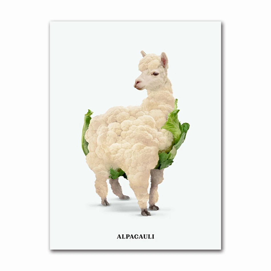 Funny Fruit Animal Poster, Kitchen Canvas Painting, Garlic, Goose,Cauliflower, Sheep Wall Picture, Living Room Decor Peaceful Pleasures Health and Wellness T60436-06 50x70cm Unframed