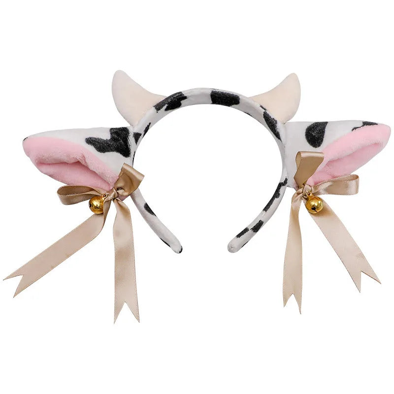 Cartoon Plush Cow Ears Horn Headband Small Bells Ribbon Bow Anime