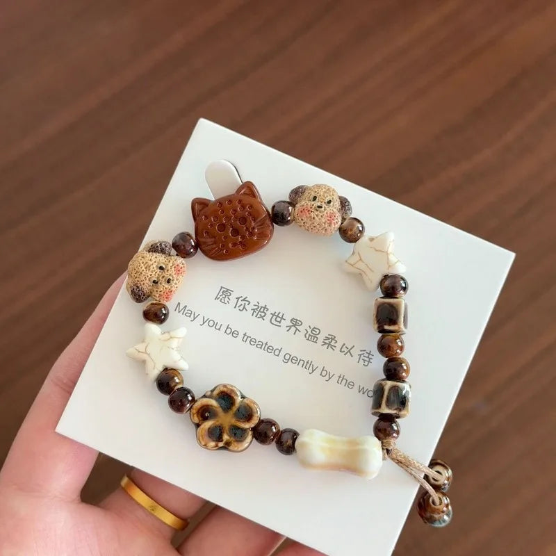 New Fashionable Cute Puppy Cat Bracelet Ceramic Cartoon High Beauty Couple's Girlfriend Bracelet Niche High Beauty Handmade Gift Peaceful Pleasures Health and Wellness Brown