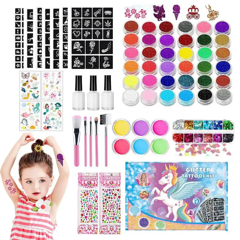 36-Color Kids Glitter Temporary Tattoo Kit – Face & Body Art