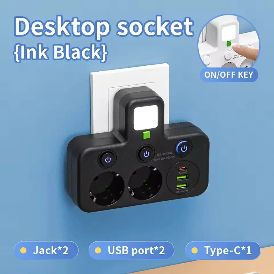 EU Plug Multi Socket Power Strip with USB-C USB Ports Night Light Individual Switches 2500W Wall Charger Adapter for Home Office Peaceful Pleasures Health and Wellness Black 2 holes EU Plug