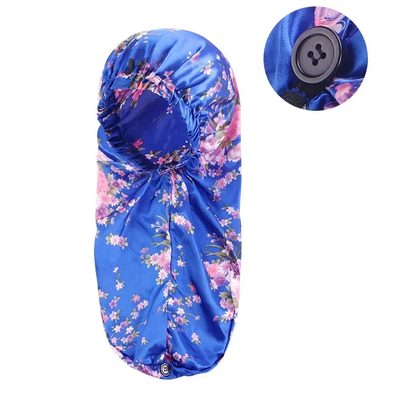 Sleeping Hats Wrap Night Cap Hair Care Bonnet for Unisex, Women, Men, Long Hair Elastic Wide Edge Satin Bonnet Peaceful Pleasures Health and Wellness Sapphire flower