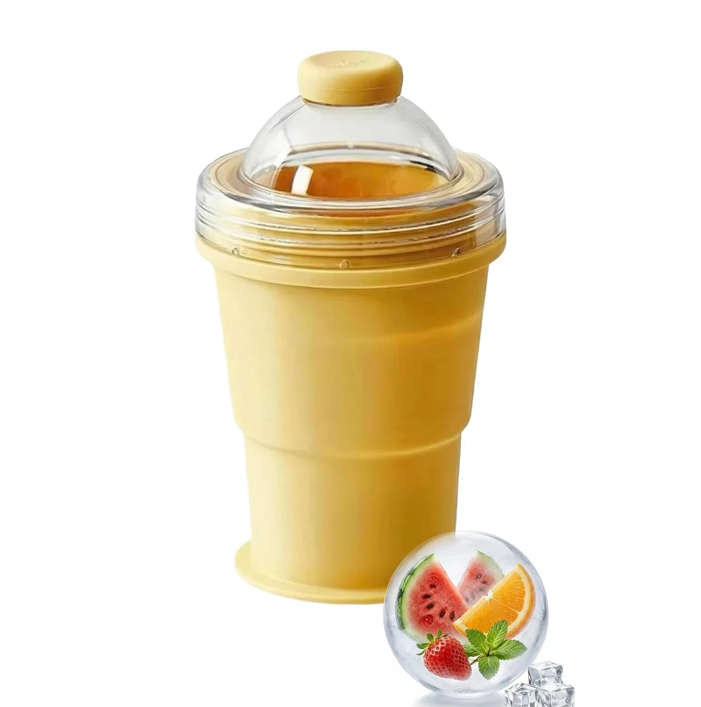 2-in-1 Collapsible Silicone Ice Ball Cup Reusable Portable Ice Sphere Mold with Straw Lid for Coffee Juice Drinks Ice Cube Mold Peaceful Pleasures Health and Wellness yellow big