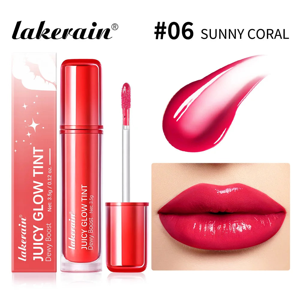 Lakerain Juicy Glow Tint Long-Lasting Mirror Shine Smooth Radiant Lip Tint Deep Moisturizing Brightening Juicy Glow Lipstick Peaceful Pleasures Health and Wellness Sunny Coral