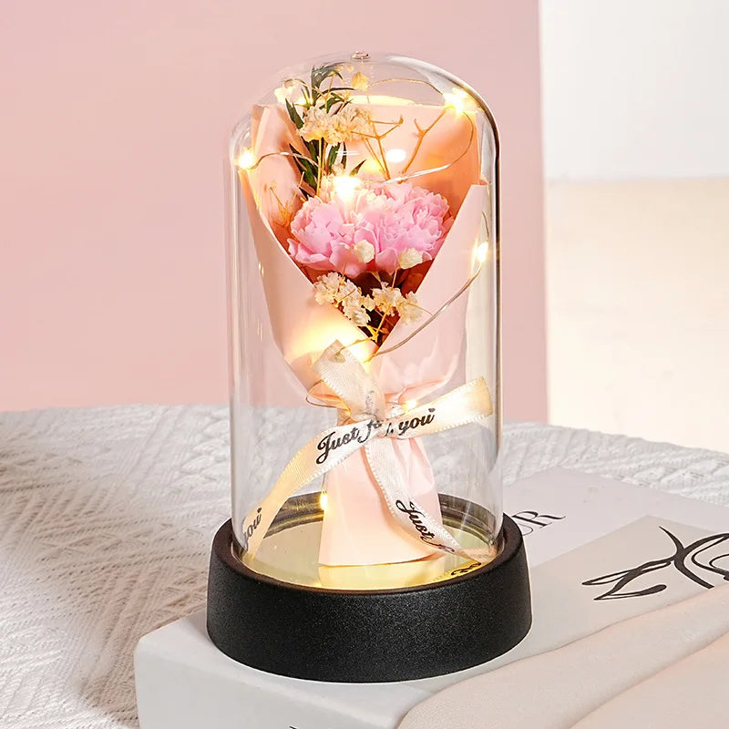 Romantic Gift Everlasting Rose LED Glass Dome Bouquet Romantic Illuminated Ornament Perfect Valentine's Day Christmas Home Decor Peaceful Pleasures Health and Wellness H