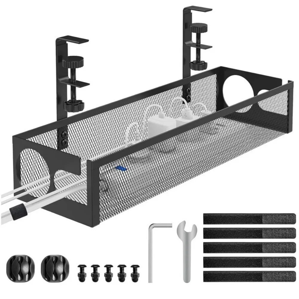 Carbon Steel Under Desk Wire Management Tray Space Saving No Drilling Data Wire Storage Rack with Clamp Metal Cable Tray Peaceful Pleasures Health and Wellness Black