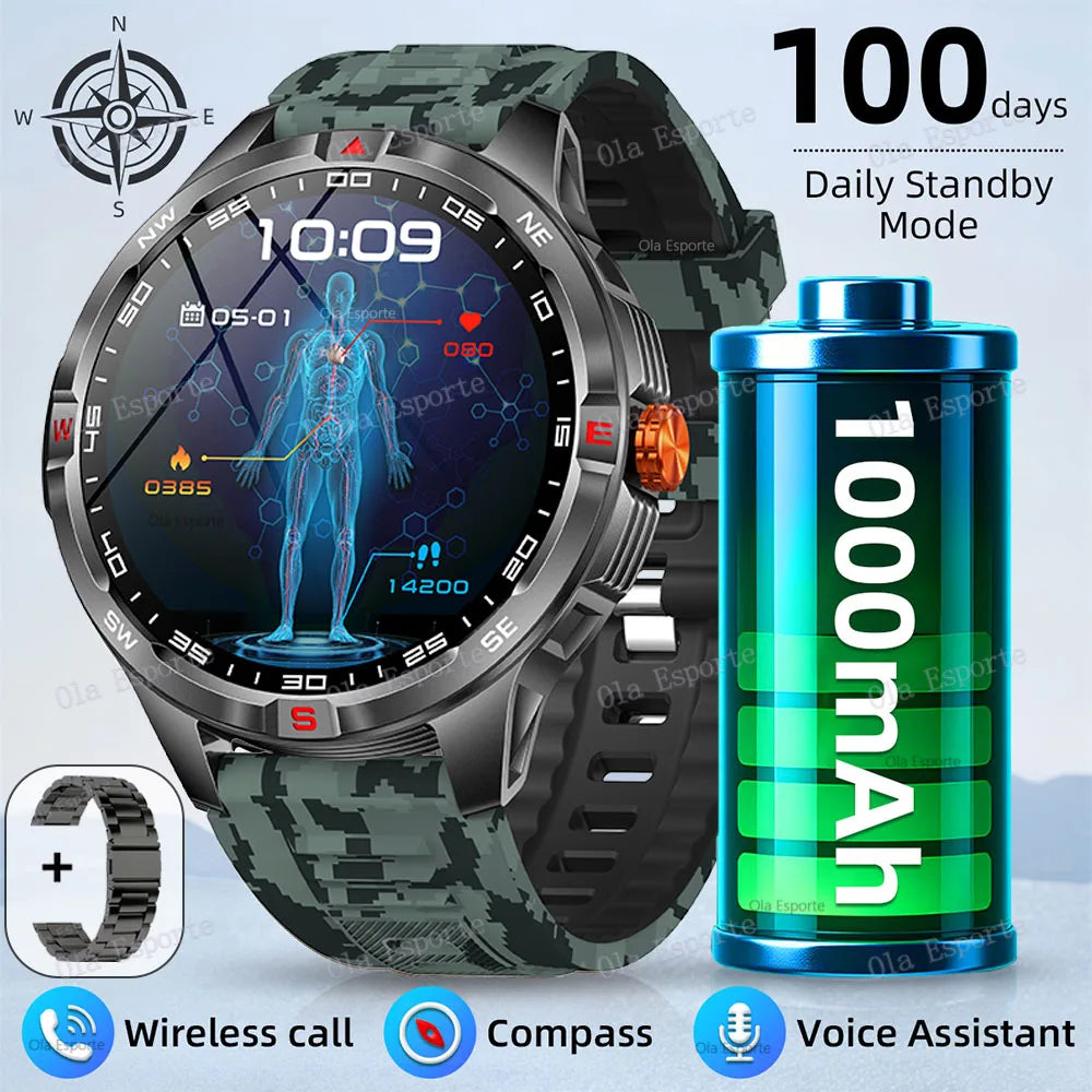 Military 1000mAh Battery Sports Smart Watch Adult Men Compass BT Call Heart Rate Health Monitoring IP68 Waterproof SmartWatches Peaceful Pleasures Health and Wellness MicaiBk22BkSzstrap