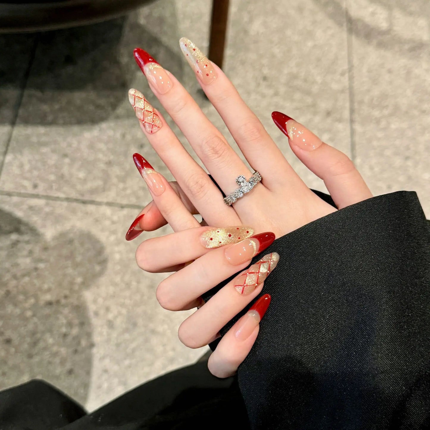 Handmade Press on Nails Shiny Cat Eye French Dot Grid Fake Nail Tips Women Girl Wearable Red New Year Sweet Korean False Nails Peaceful Pleasures Health and Wellness XS 2