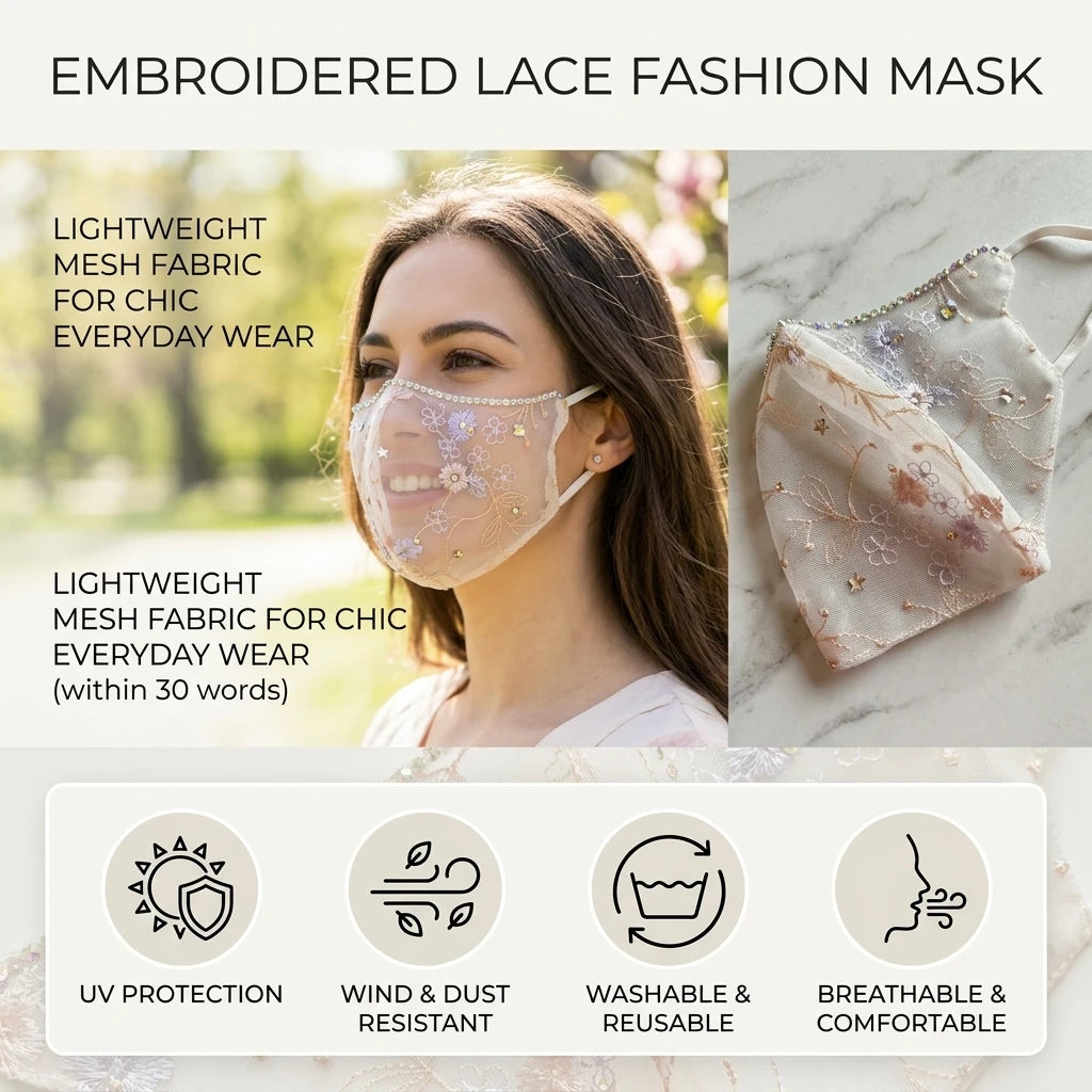 Ethnic Style Lace Mesh Mask With Embroidery Rhinestones Sunscreen Windproof Washable Peaceful Pleasures Health and Wellness