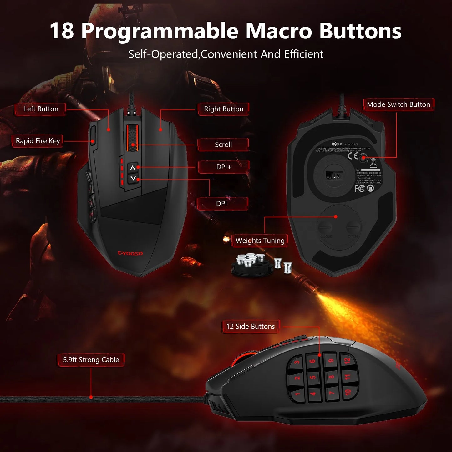 E-YOOSO X-39 Programmable Gaming Mouse, Wired RGB Mouse with 18 Buttons, 8 Removable Weights, 5 DPI, Ergonomic Grip for Computer Peaceful Pleasures Health and Wellness