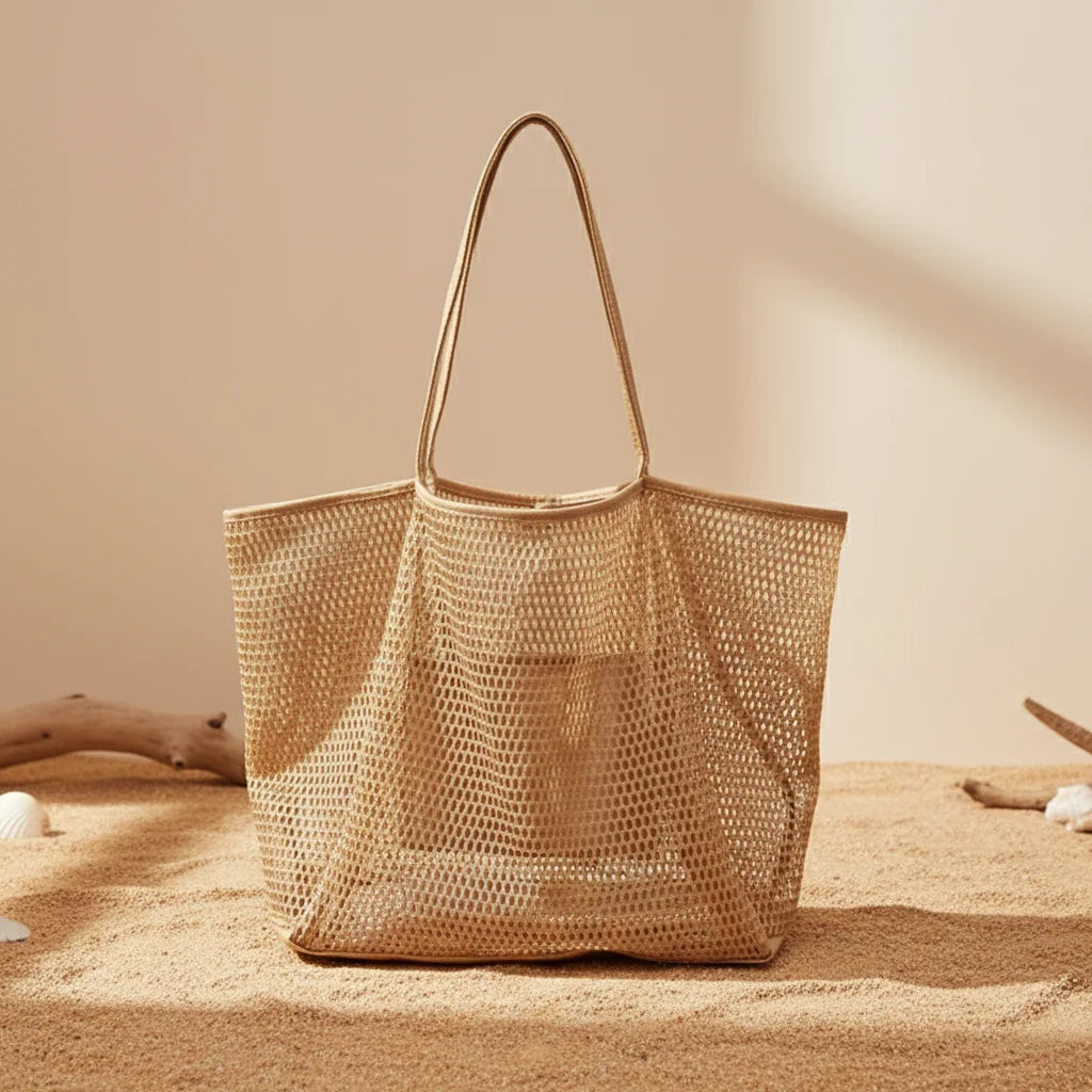 Large Capacity Foldable Nylon Mesh Shoulder Bag for Beach Travel Shopping Peaceful Pleasures Health and Wellness Khaki TOP 53