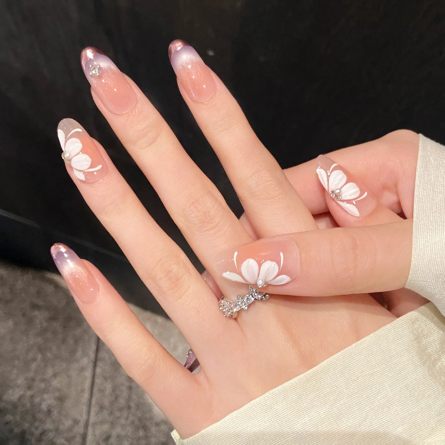 10pcs Handmade Press on Nails Sweet Petal Print French Cat Eye Fake Nails Wearable Spring Summer Korean Sweet Fake Nails Peaceful Pleasures Health and Wellness L 1