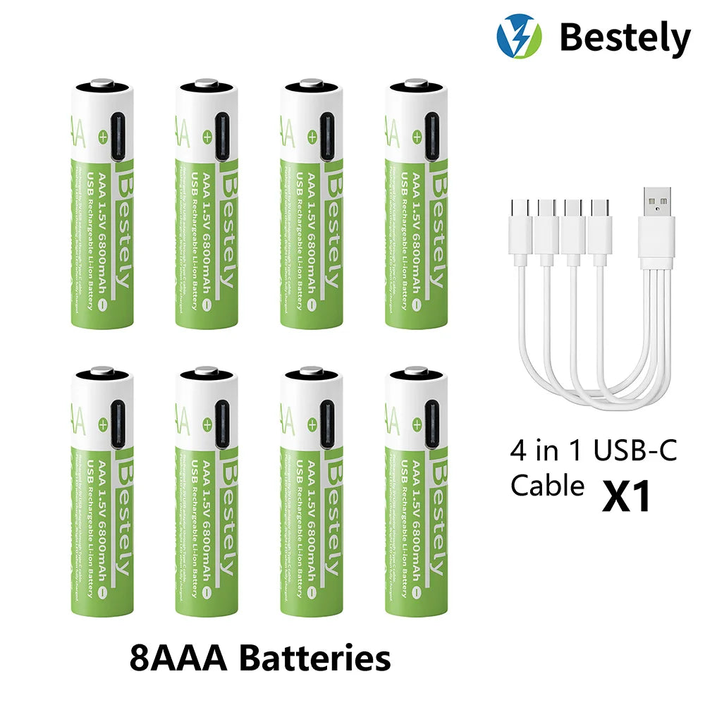 AAA Battery Rechargeable 2000+ Cycles 1.5V 6800mAh Li-ion Type-C Charging Triple Safety Long-Lasting Power Batteries Peaceful Pleasures Health and Wellness 8 pcs AAA Batteries